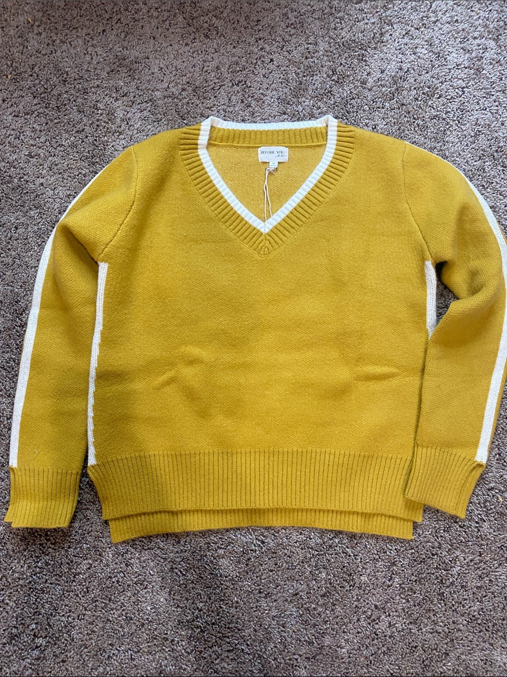 Women’s Mustard V-Neck Sweater with White Stripe Detail